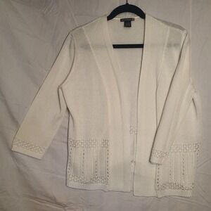 Sweaterworks White Open Front Cardigan Pointelle Lace Trim 3/4 Sleeve Large